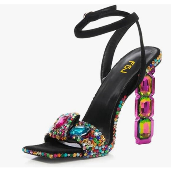 FSJ Black Colorful Rhinestones Diamond Heel Square Open Toe Ankle Strap Sandals - Picture 1 of 8